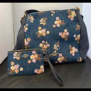 Authentic Coach Purse and Wristlet / Floral Blue Denim and Pebble leather.